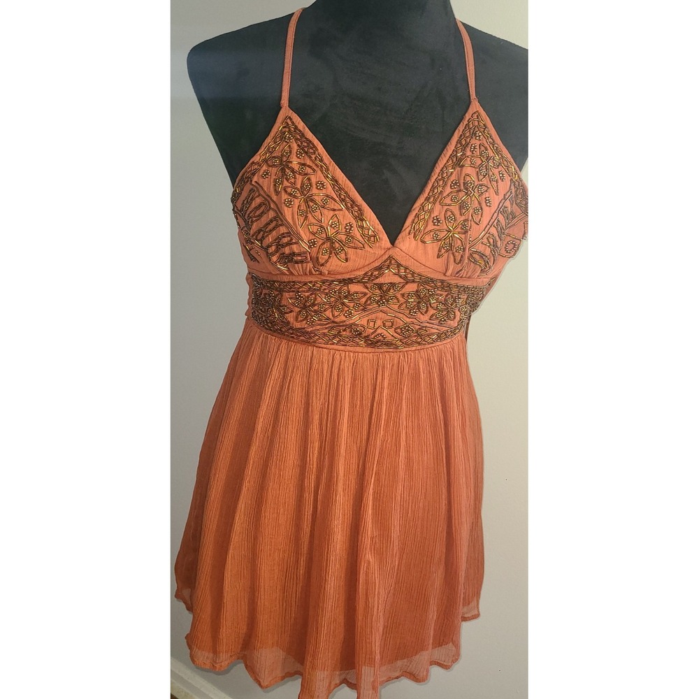 Burnt Orange beaded halter mini dress boho sequin v neck strap back Sz 0 Lining